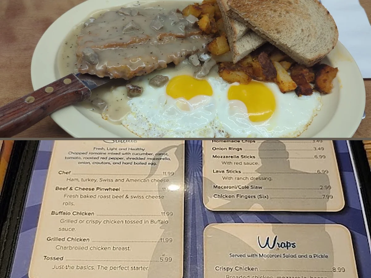 Breakfast plates on a cozy restaurant table.